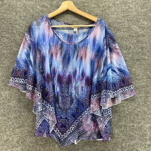 World Unity Blouse Women L Large Blue Colorblock Short Sleeve Lined Round Neck